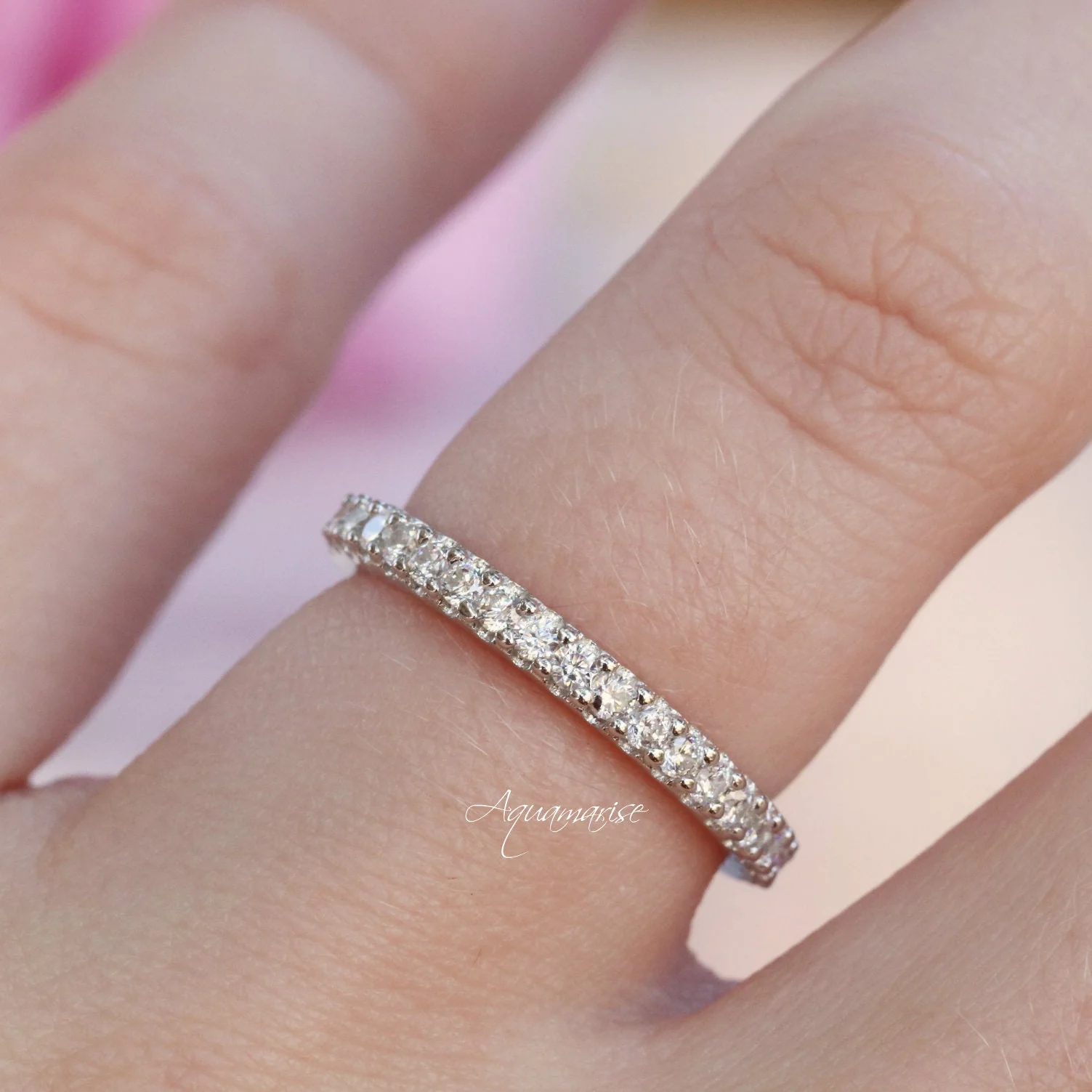 Minimalist Simulated Diamond Wedding Band in Sterling Silver (2mm) - Image 3