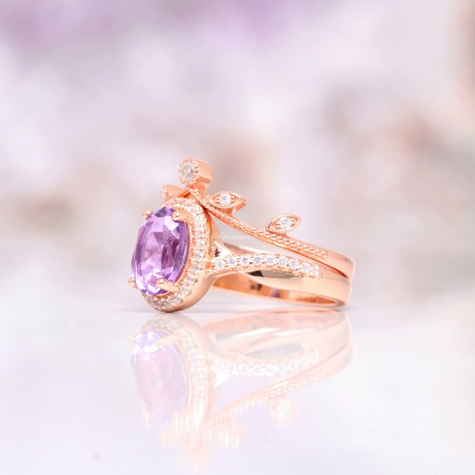 Natural Amethyst Leaf Ring Set in 14K Rose Gold Vermeil - Image 4