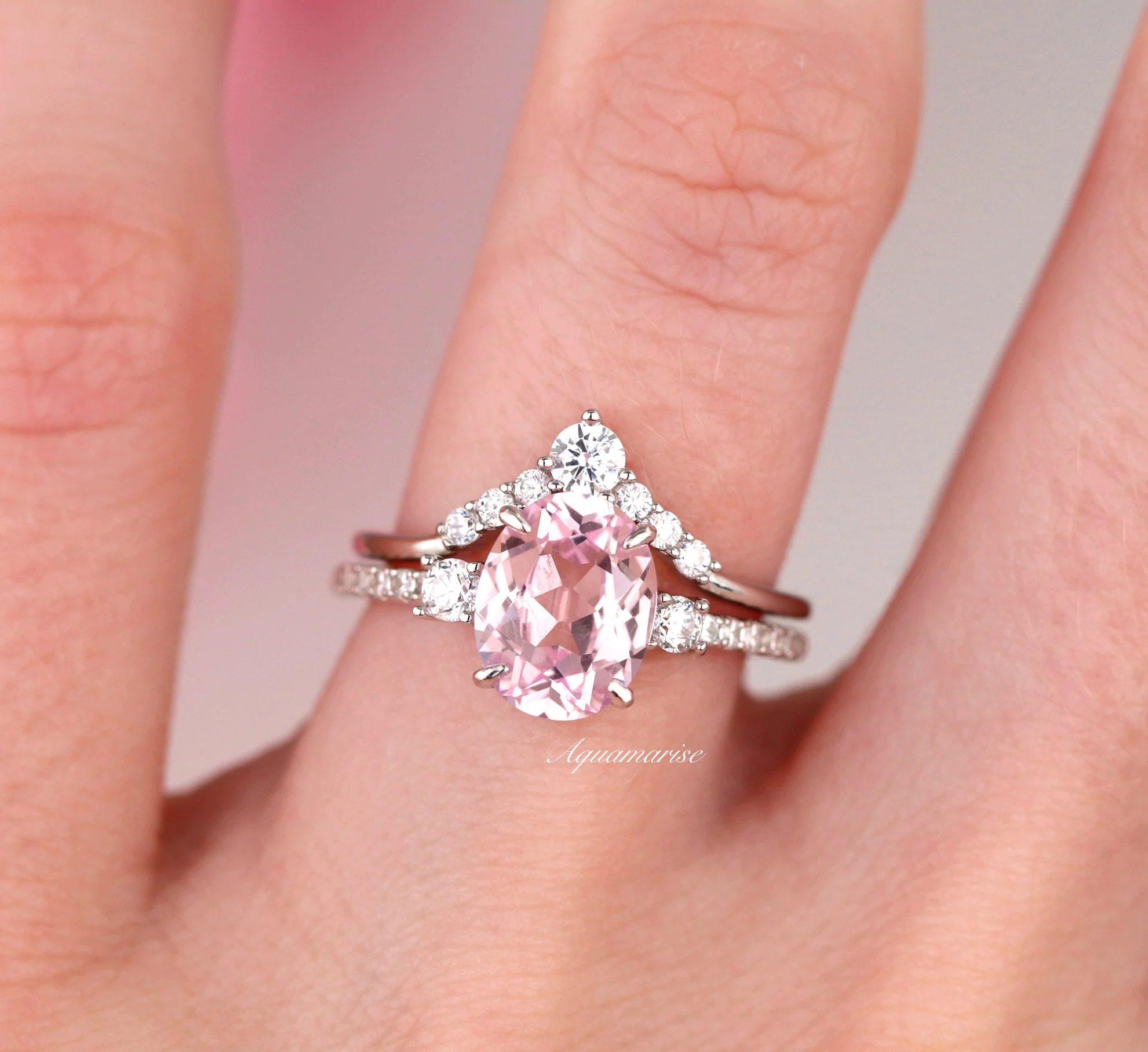 Bella Oval Cut Pink Sapphire Engagement Ring Set in Sterling Silver - Image 3