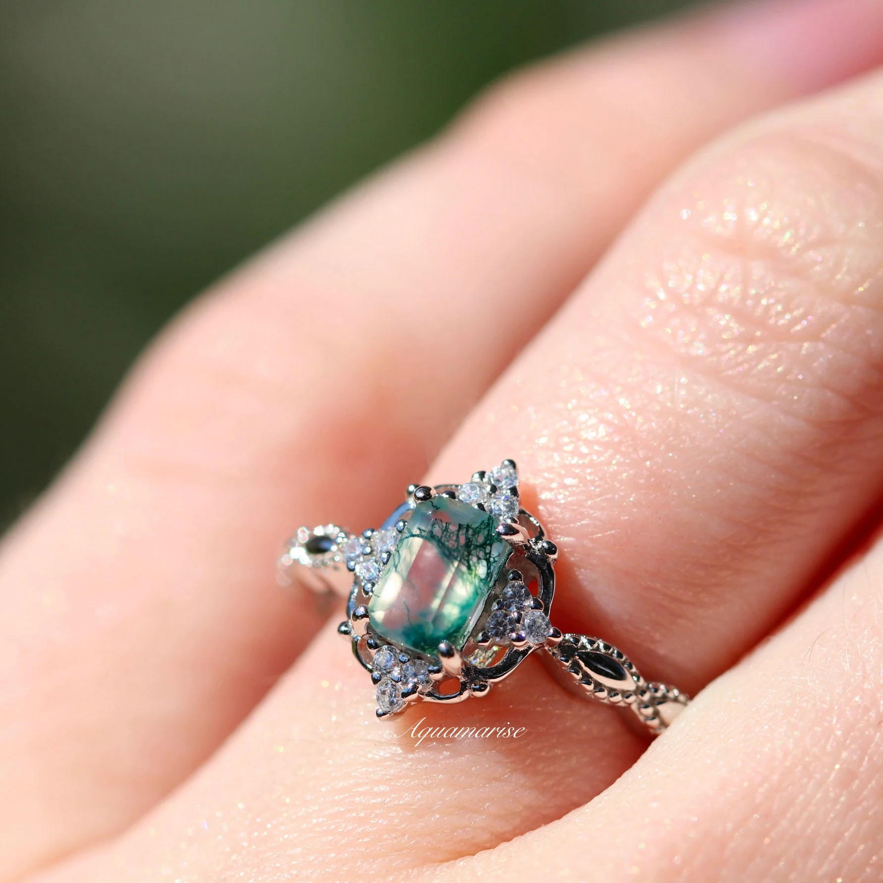 Vintage Green Moss Agate Engagement Ring in Sterling Silver - Image 5