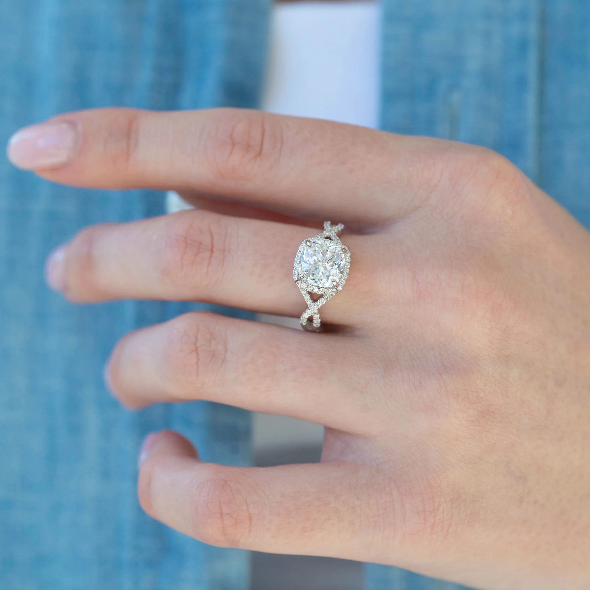 Flair Cushion Cut Simulated Diamond Engagement Ring in Sterling Silver - Image 4
