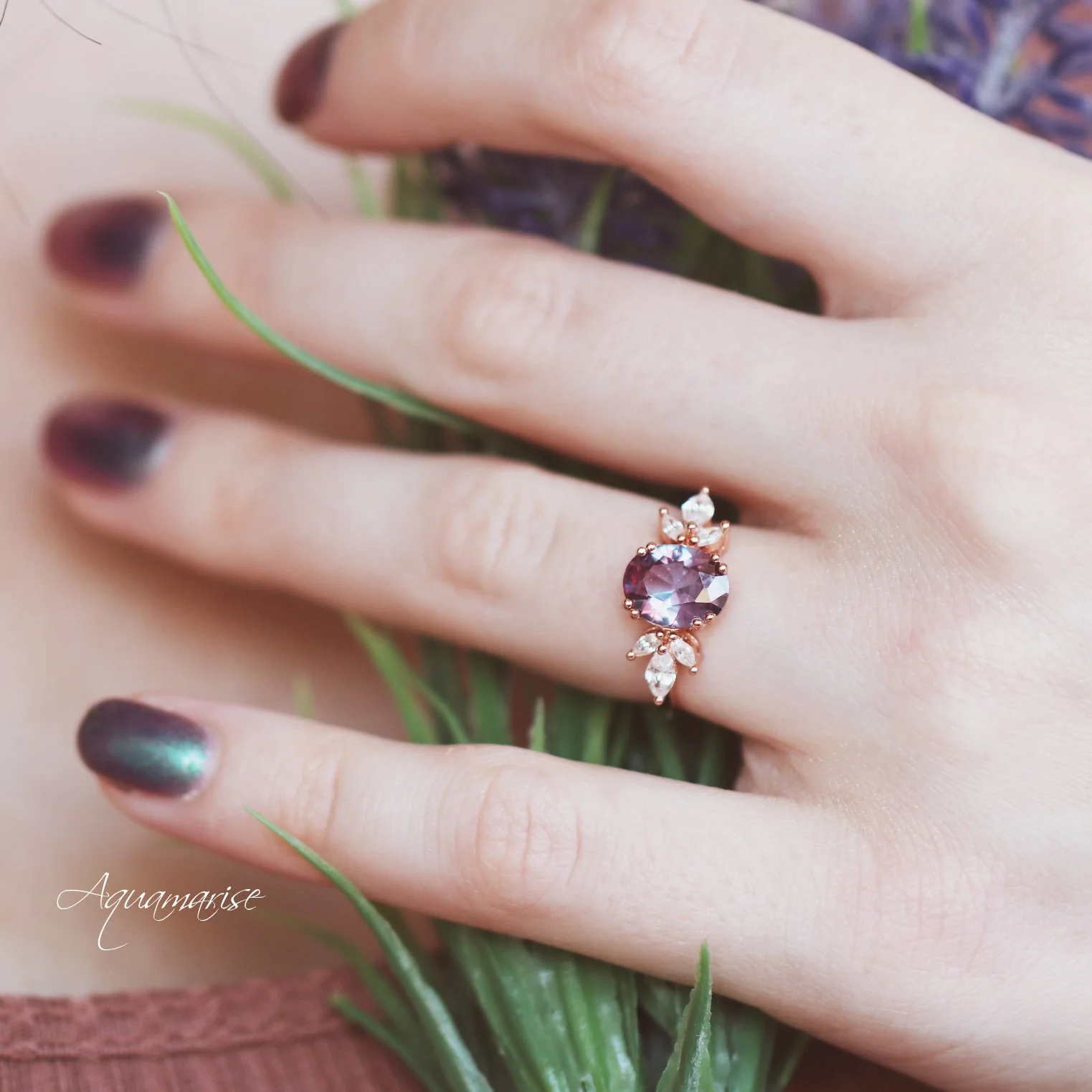 Eva Flower Alexandrite Engagement Ring in 14K Rose Gold Vermeil - Image 4