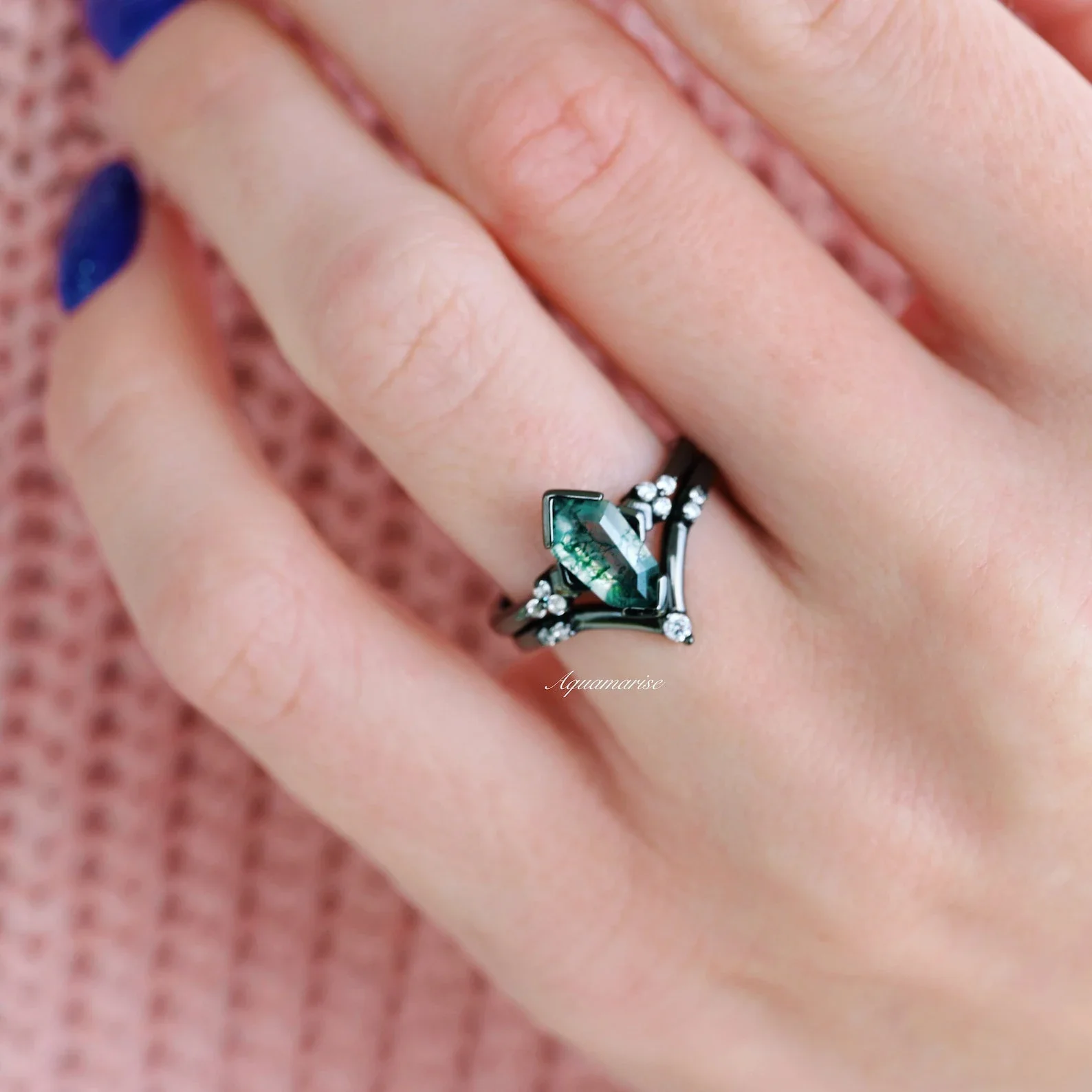 Hexagon Coffin Green Moss Agate Couples Ring Set - Image 7