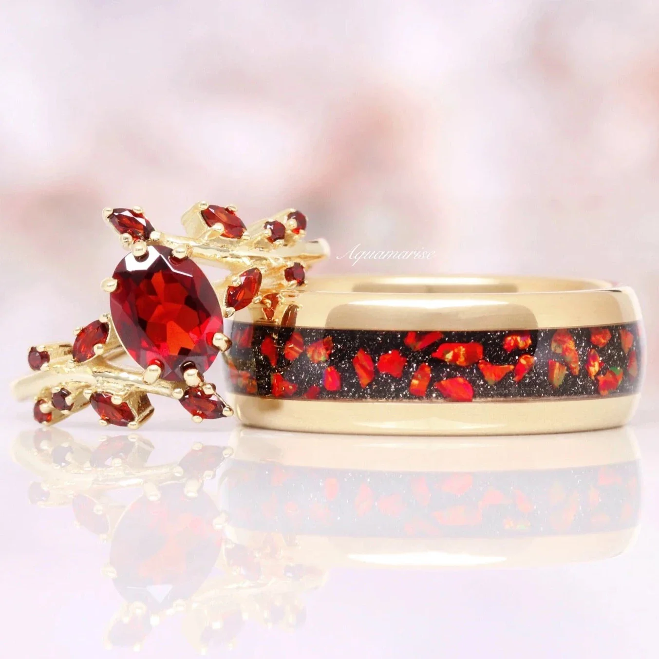 Natural Garnet & Red Fire Opal Leaf Couples Ring Set - Image 11