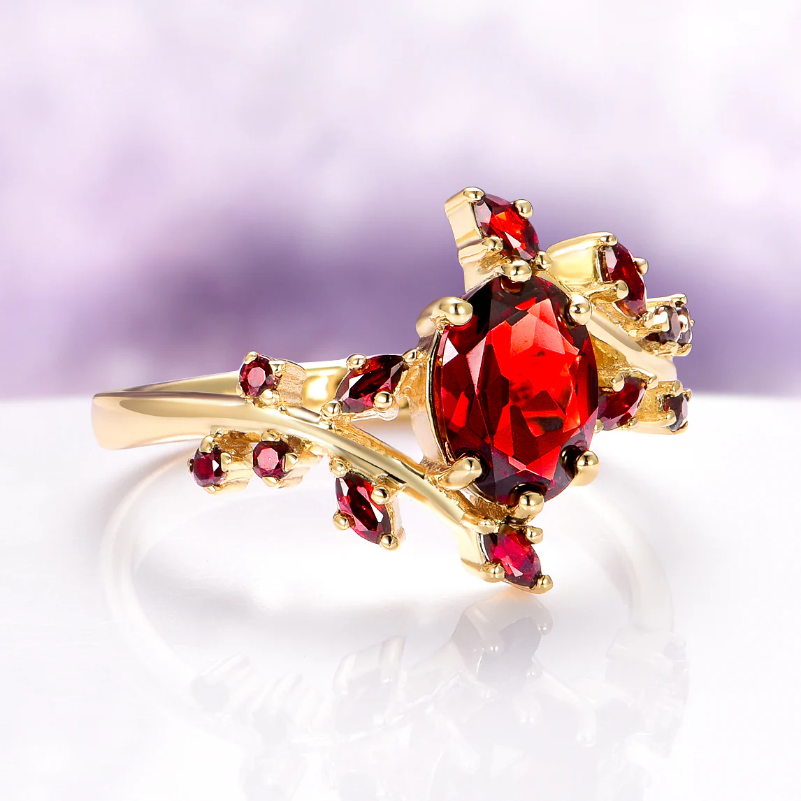 Natural Garnet & Red Fire Opal Leaf Couples Ring Set - Image 9