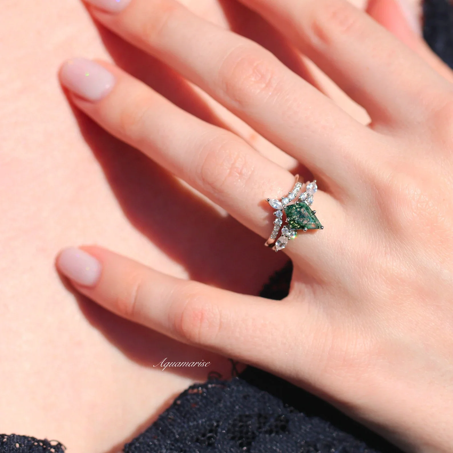 Skye Kite® Green Moss Agate Ring Couples Ring Set - Image 4