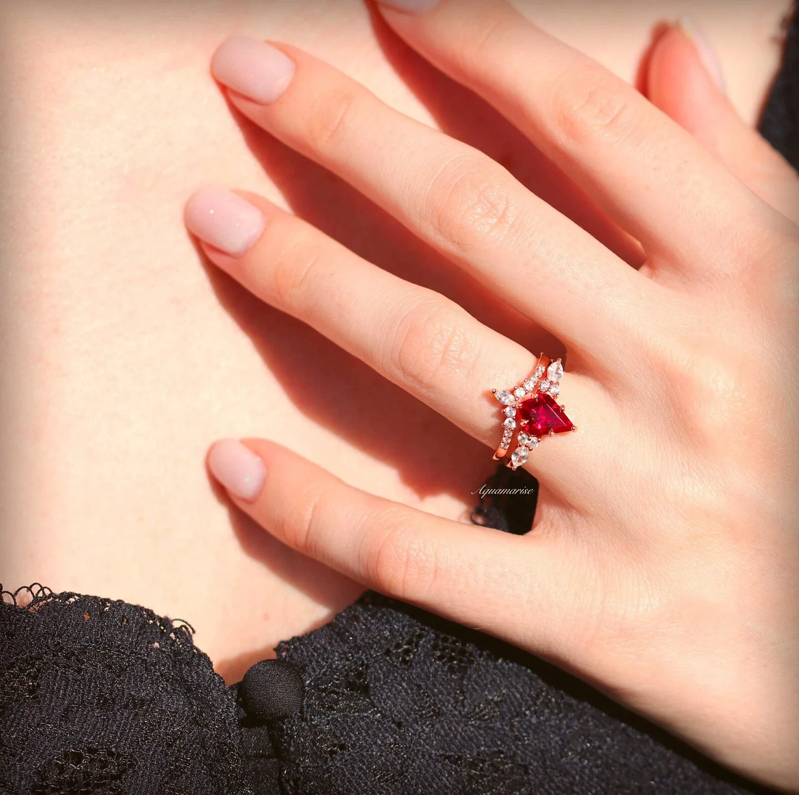 Skye Kite® Ruby & Rose Gold Leaf Couples Ring Set - Image 6