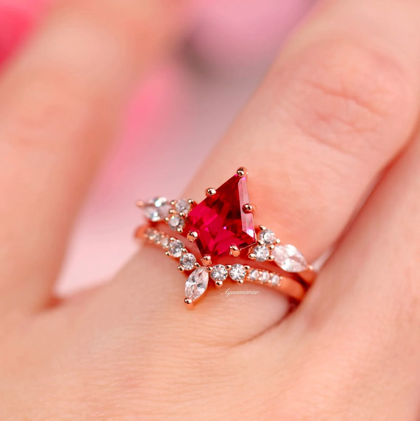 Skye Kite® Ruby & Rose Gold Leaf Couples Ring Set - Image 7