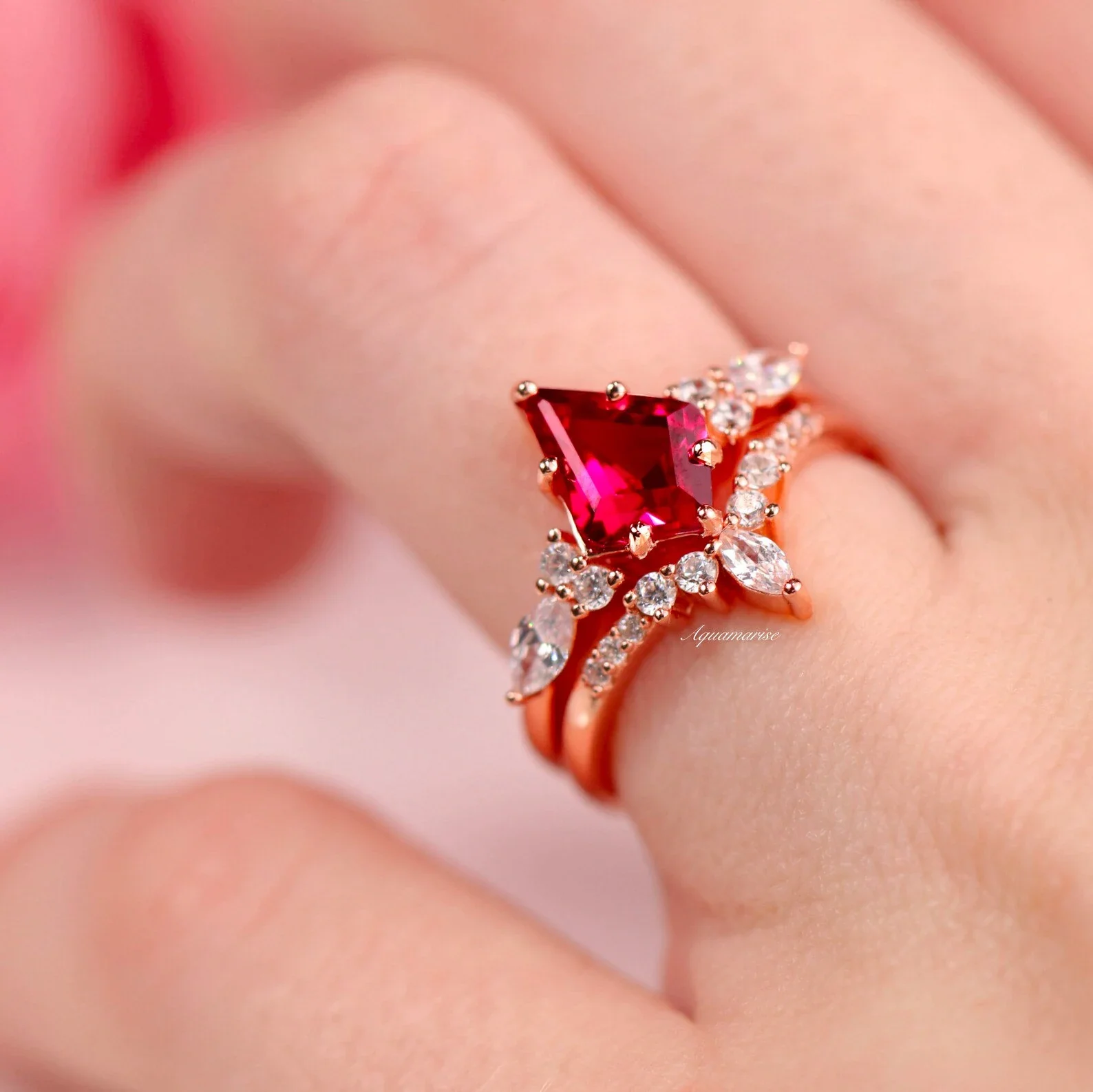 Skye Kite® Ruby & Rose Gold Leaf Couples Ring Set - Image 8